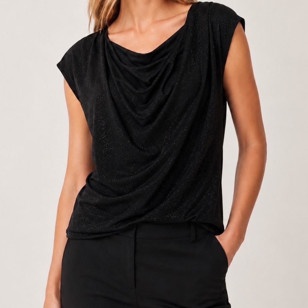 ALICE+OLIVIA Black Shimmer Metallic Luxe Cowl Neck Party Night Out Blouse SMALL